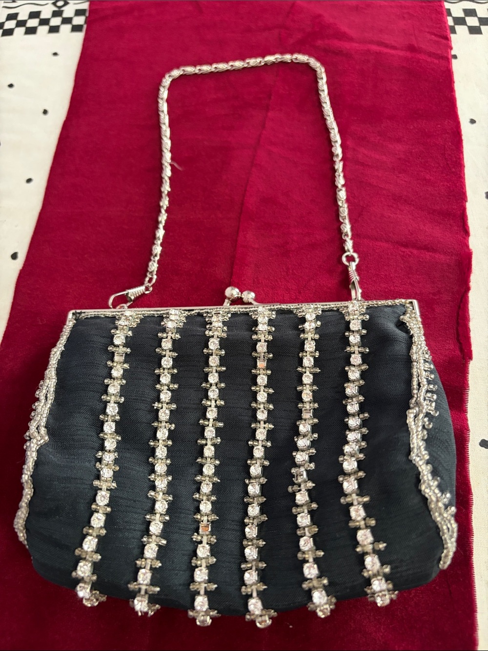 Aldo Black Crystal-Striped Evening Clutch with Silver Chain
